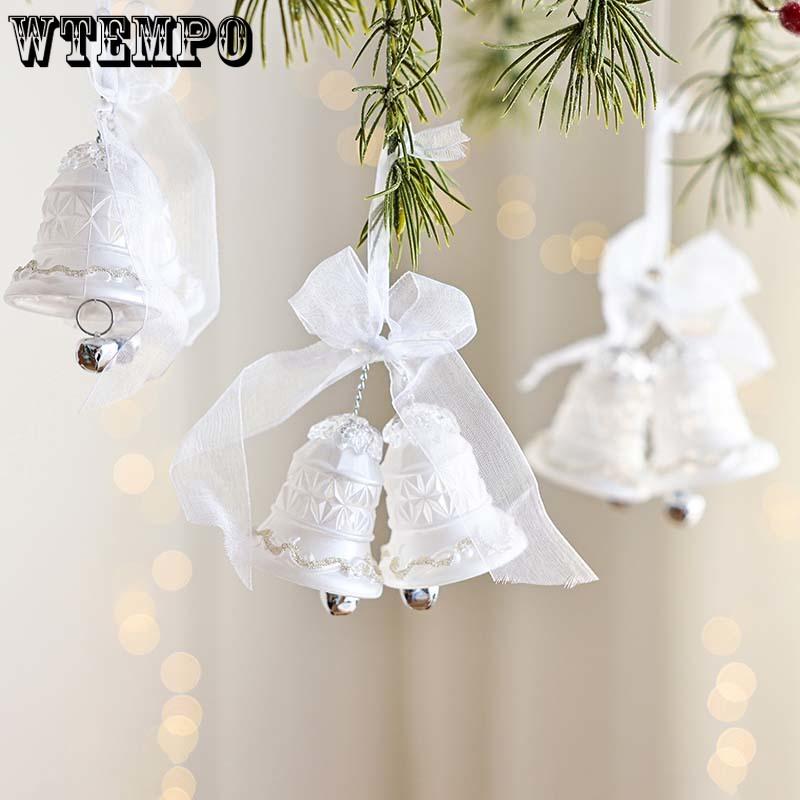 WTEMPO White Lace Ribbon Bells Christmas Tree Hanging Pendents Acrylic Crystal Snowflake Hanging Ornaments Festive Store Scene Christmas Decoration