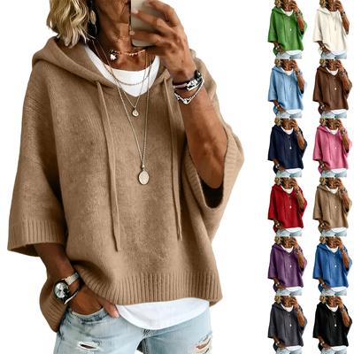 Women's Color Knitted Hooded Sweatshirt with Drawstring New Arrival