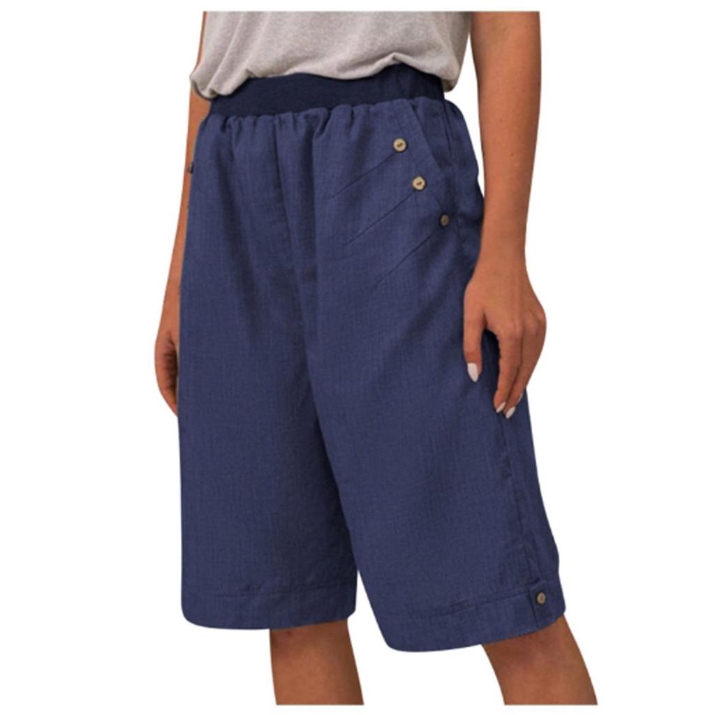 Женские повседневные брюки с эластичной резинкой на талии и прямыми карманами, летние льняные шорты