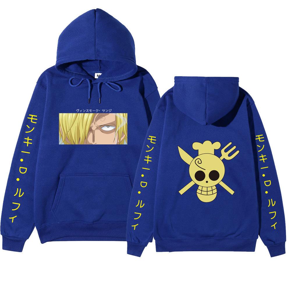 One Piece Sanji Hoodie, Chef Pirate Skull Logo Japanese Letter Sleeve Print Pullover Sweatshirt Unisex Streetwear
