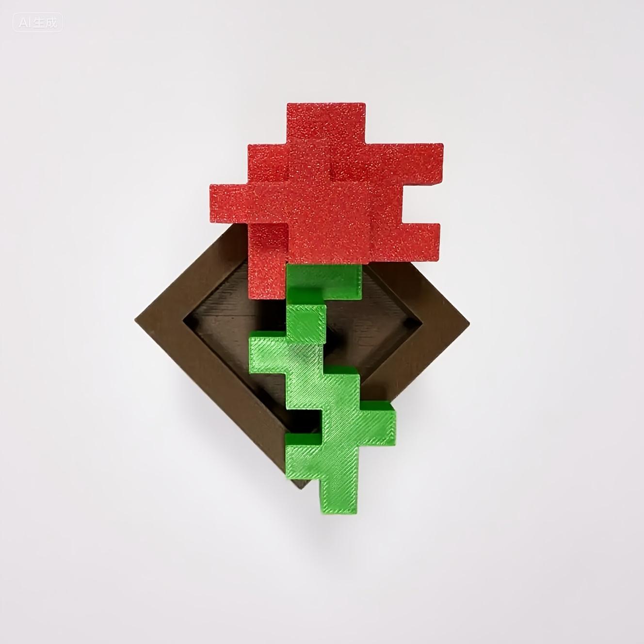 3D Printed Pixel Rose Ornament, Plastic Flower Decor for Desktop & Holiday Gifts красный