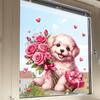 Dog Holding Flowers and Hearts Static Cling Window Stickers No Glue Needed for Bedroom Living Room Balcony Removable Reusable