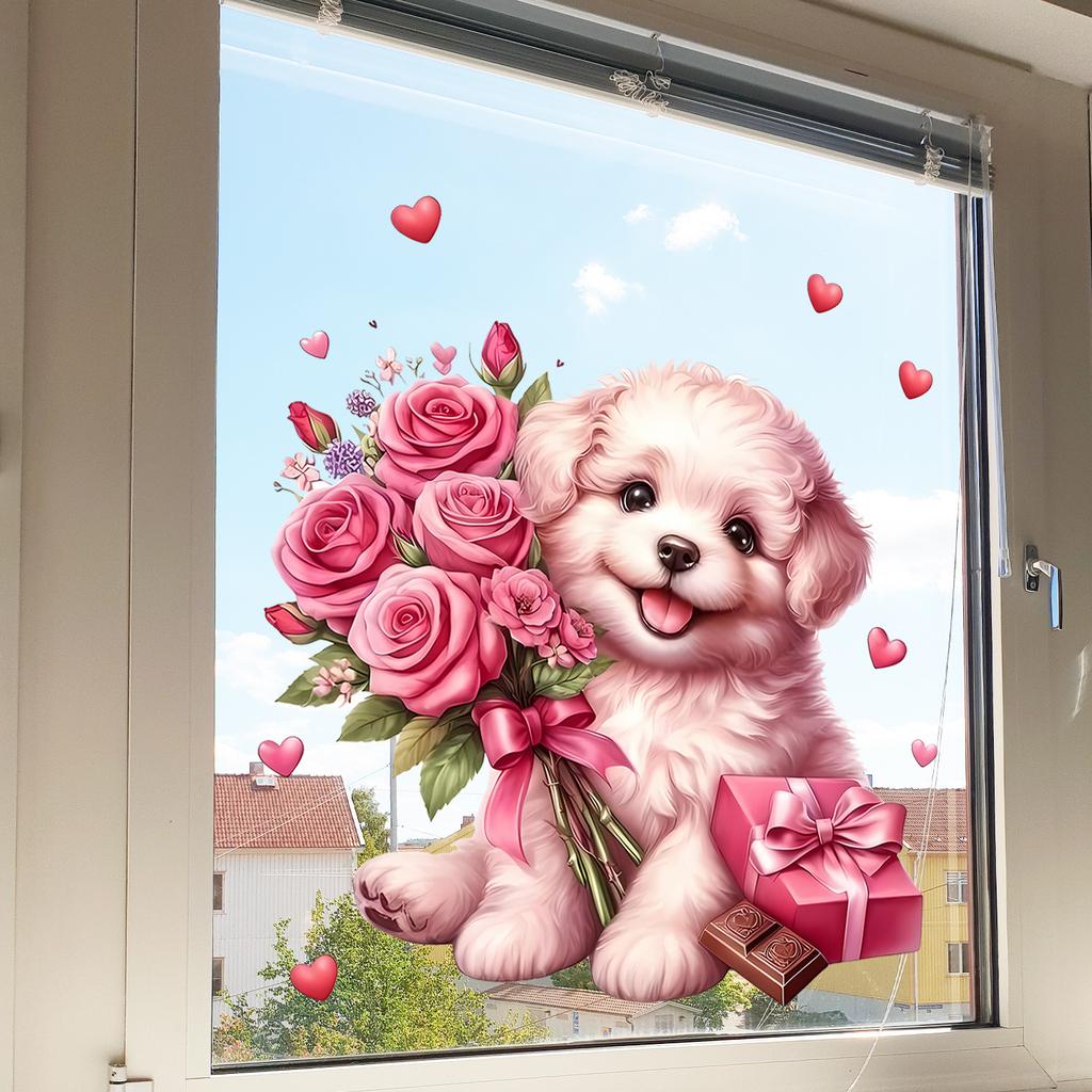 Dog Holding Flowers and Hearts Static Cling Window Stickers No Glue Needed for Bedroom Living Room Balcony Removable Reusable