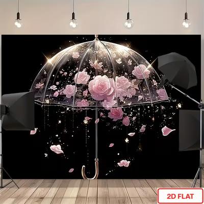 2D Dreamy Floral Backdrop Transparent Umbrella Filled with Pink Roses & Glitter Themed Party Background