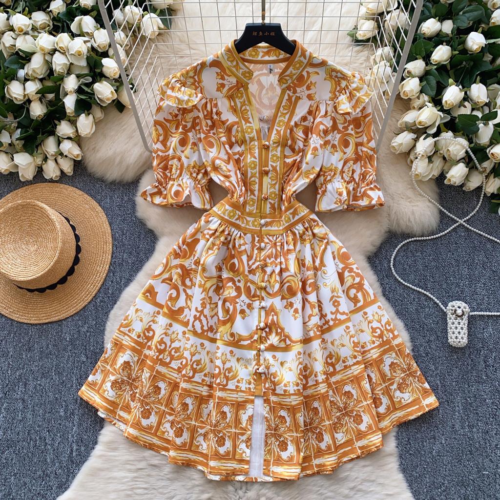 Summer Women Elegant Flare Sleeve Designer Print Runway Dresses V-neck Single Breasted Mini Short Party Dress
