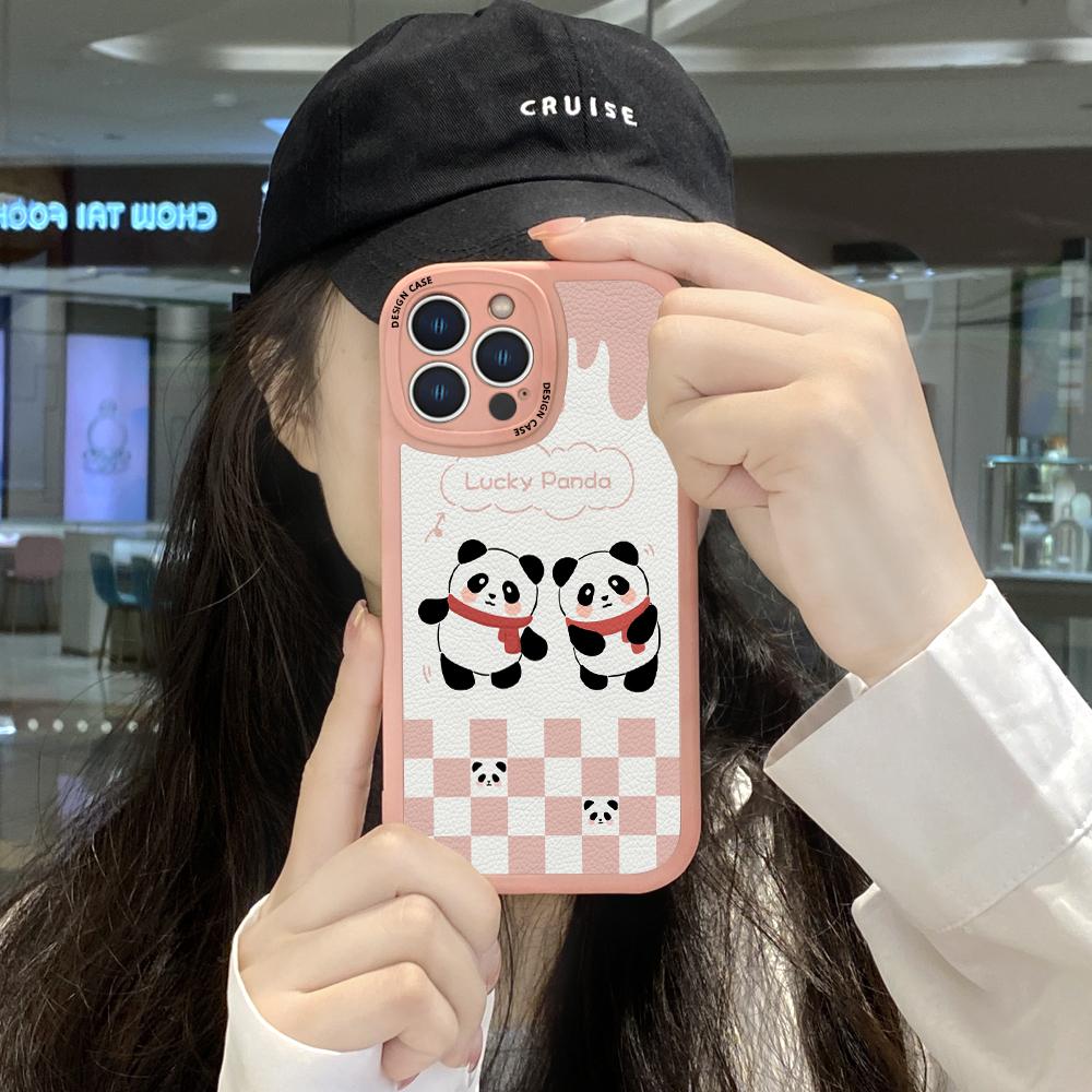 Slim Skin Feeling Cartoon Panda Soft Silicone PU Leather Cover Phone Case for iPhone Samsung Huawei Honor Xiaomi Redmi OPPO Realme Vivo