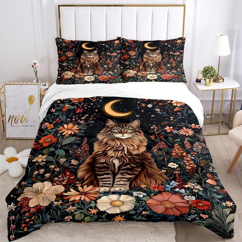 3pcs Domineering Cat & Flowers Bedding Set, Including Without Filling, Soft and Comfortable Home Bedroom M050