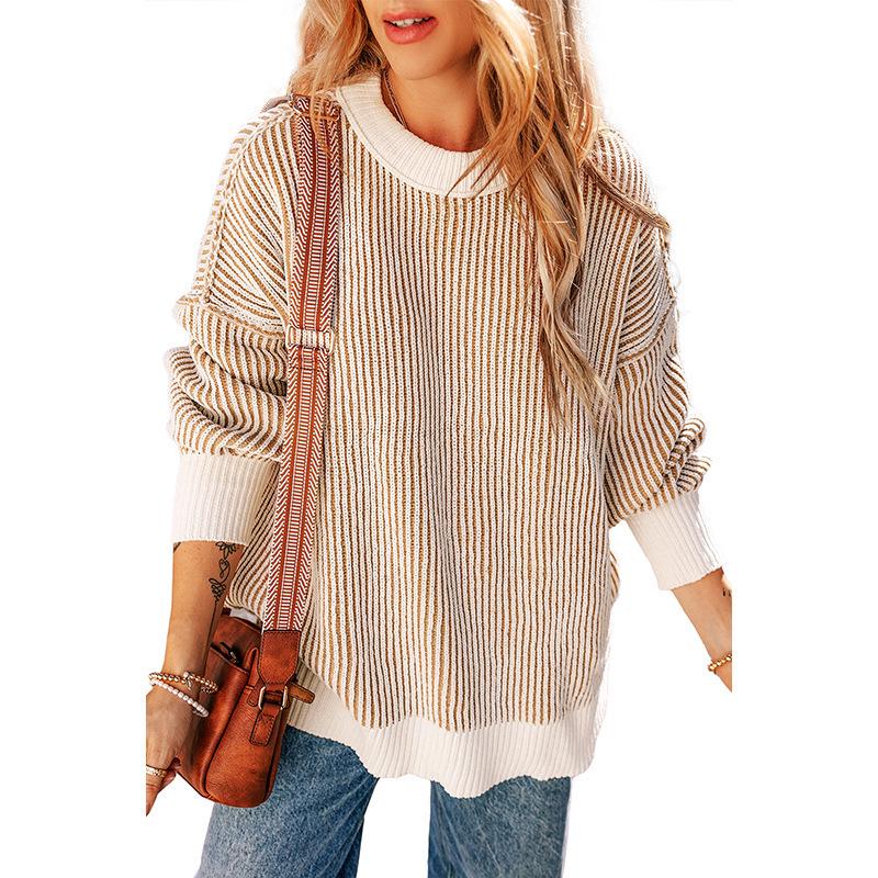 2025 Winter Striped Color Block Sweater for Women – European American Fashion, Warm Loose Versatile Knit Pullover
