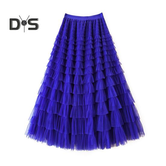 Dámská dortová sukně Jednobarevná sukně středního pasu Dlouhá sukně s elastickým pasem Síťovaný lem A-linii Maxi sukně pro každodenní nošení