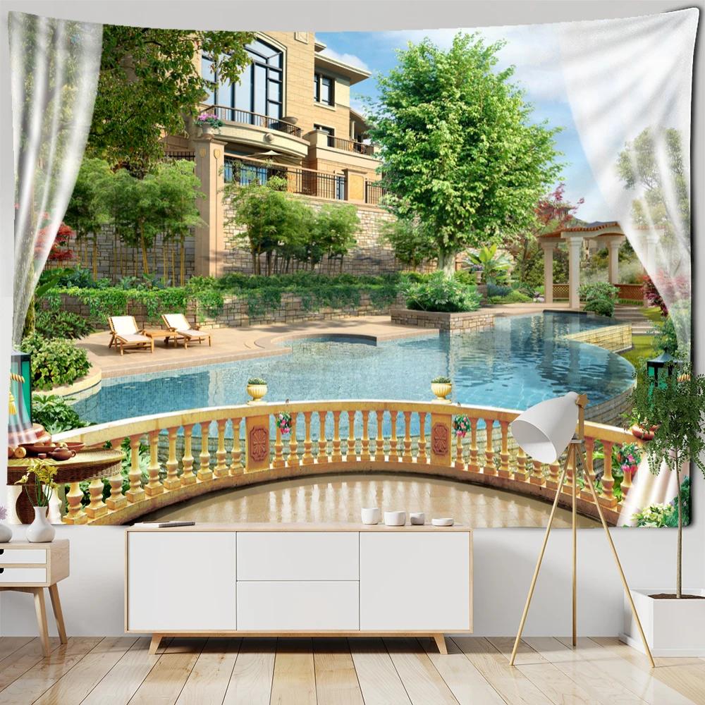 Imitation Window Landscape Painting Tapestry Wall Hanging Bohemian Natural Scenery Hippie Living Room Home Decor