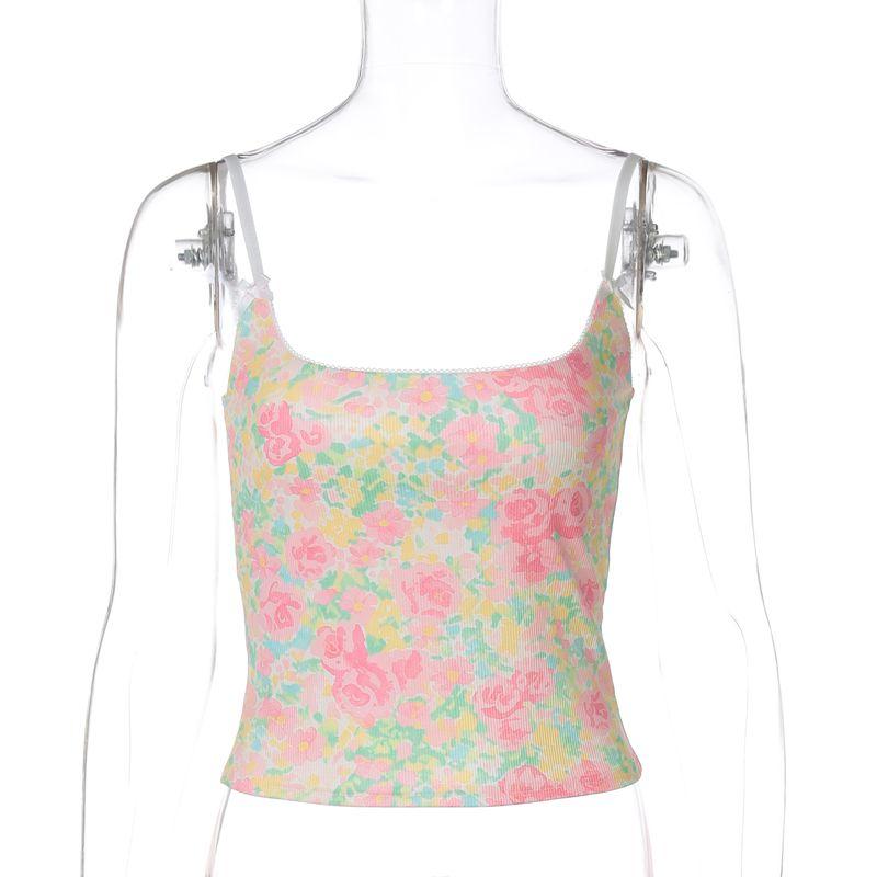 

Gusty Sweet Spicy Chic Dopamine Young Adult Floral Small Sling Summer Pure Desire Sexy Bows Lace-Collared Blouse Pink L