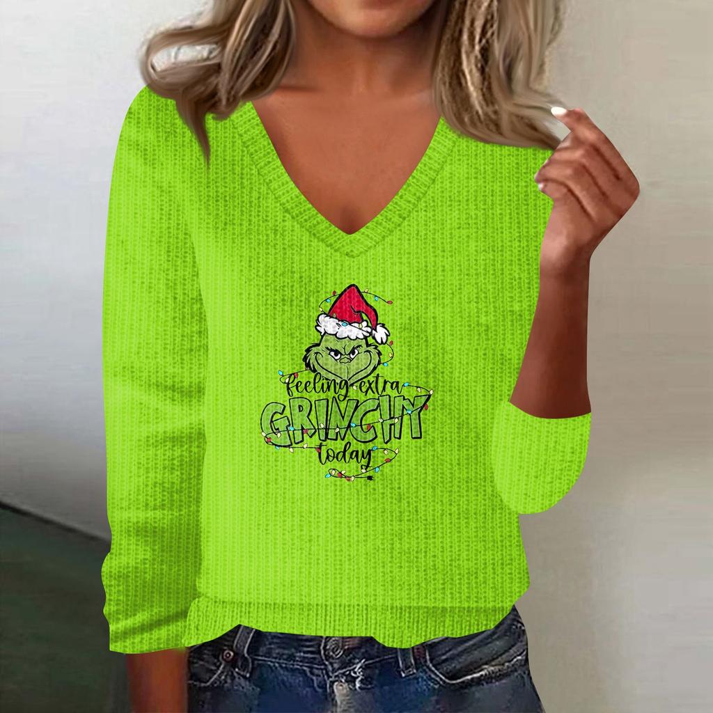 Women's Cute Sweatshirt Knitted Fashion Casual V-neck Long-sleeved  Cozy Print Top