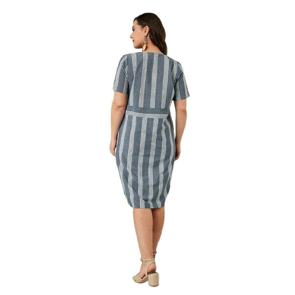 Fierte Women's Plus Size Dress Rg6684Y V-Neck Button Detail Short Sleeve Striped Sports Cotton Above Knee Navy Blue Green