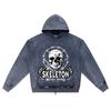 DTG Print Knitted Denim Zip-Up Hoodie Skeleton Metal Band Streetwear Brother Print Zipper Hoodies  