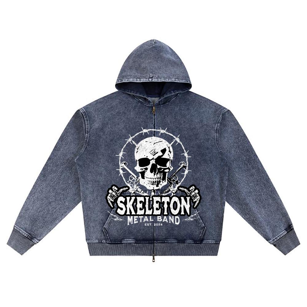

DTG print Knitted Denim Zip-Up Hoodie Skeleton Metal Band Streetwear Brother Print Zipper Hoodies XL темно-синий