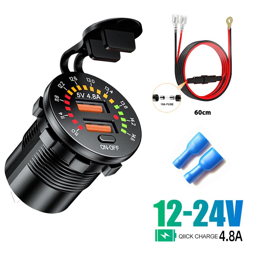 36W Dual USB Charger Socket with LED Voltmeter ON OFF Switch QC3.0 PC Type C Waterproof USB Outlet Fast Charger for 12V/24V Car