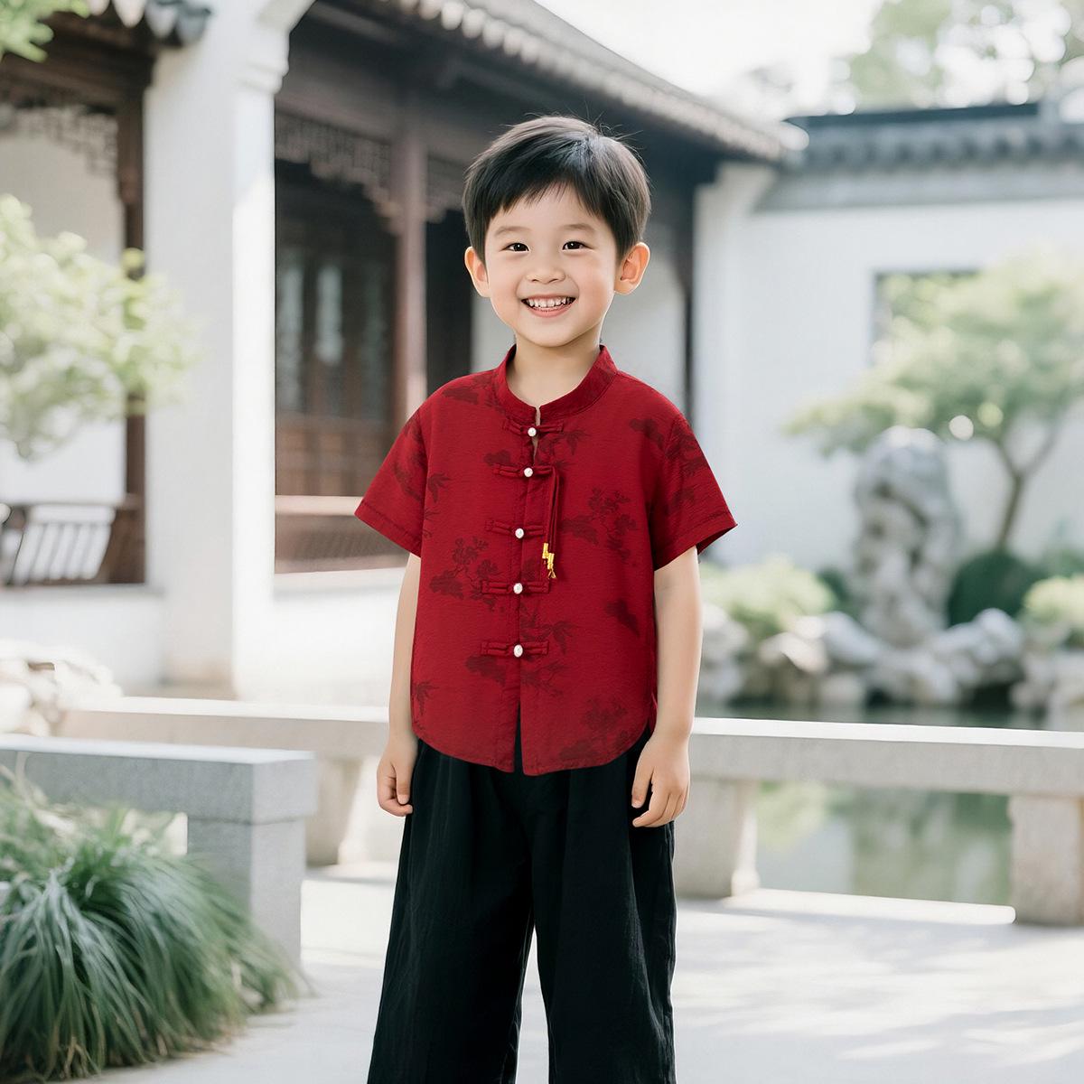 

Детский летний костюм тан: Рубашка в древнекитайском стиле для мальчиков 140cm (28-34kg) красный
