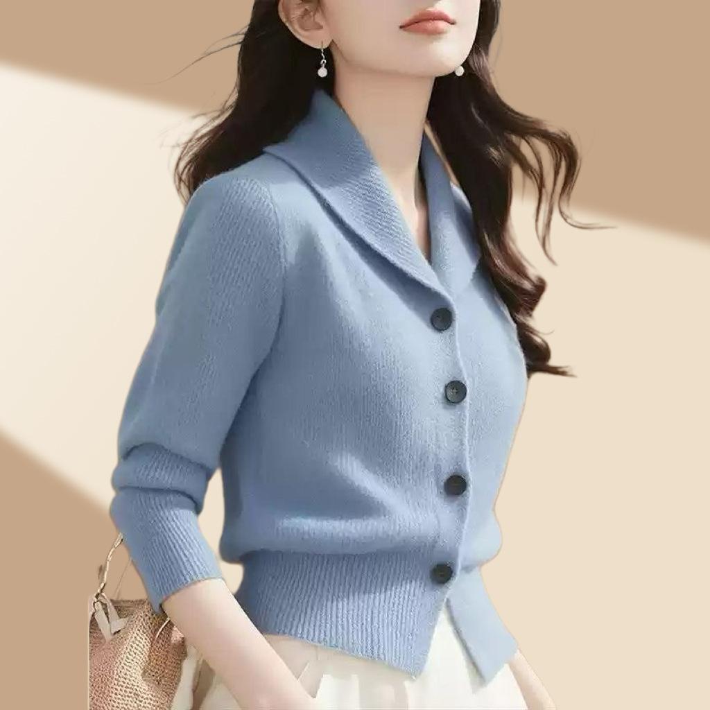 Women s Sweater, Fashionable, Exquisite, and Elegant Solid Color Lapel Long Sleeve Cardigan, Women s Autumn/Winter Long Sleeve Top синий