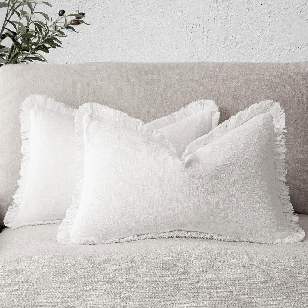 Set of 2 Decorative Linen Fringe Lumbar Throw Pillow Covers Boho Farmhouse Cushion Cover with Tassels Soft Pillowcase for Couch