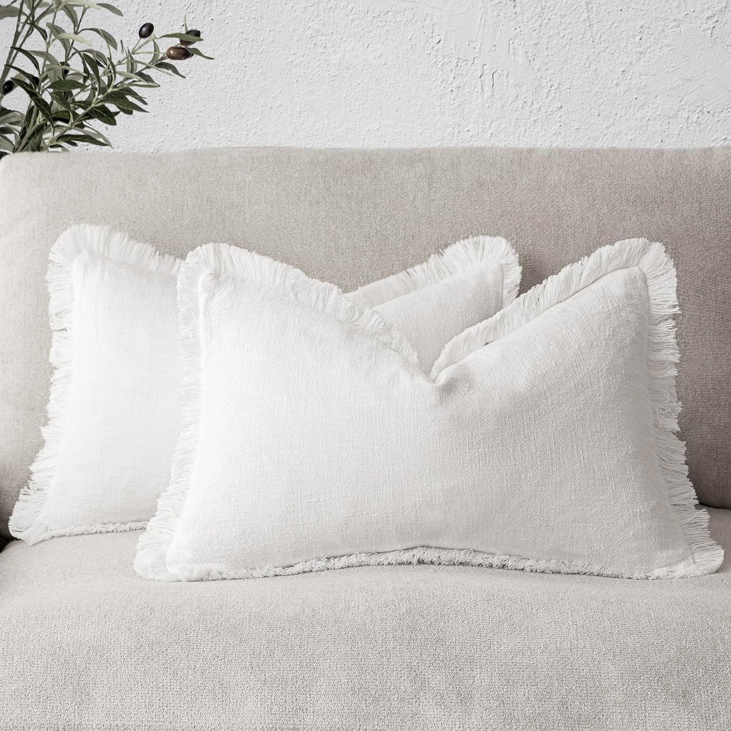 Set van 2 Decoratieve Linnen Franje Lumbar Sierkussenhoezen Boho Boerderij Kussenhoes met Kwastjes Zachte Kussensloop voor Bank 30x50cm