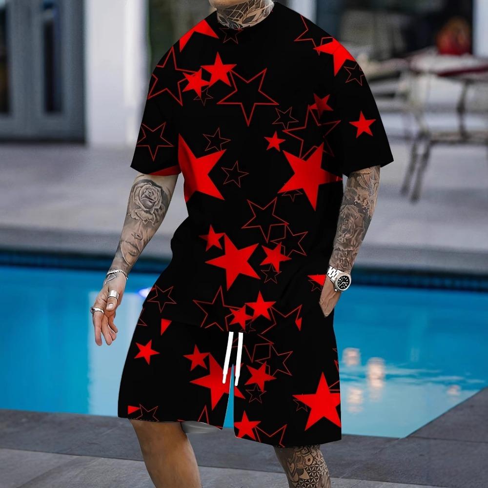 Pánský letní pohodlný módní dvoudílný set Plážová dovolená Volný sportovní styl Krátký rukáv Volný Oversized Prodyšný Sportovní oblečení