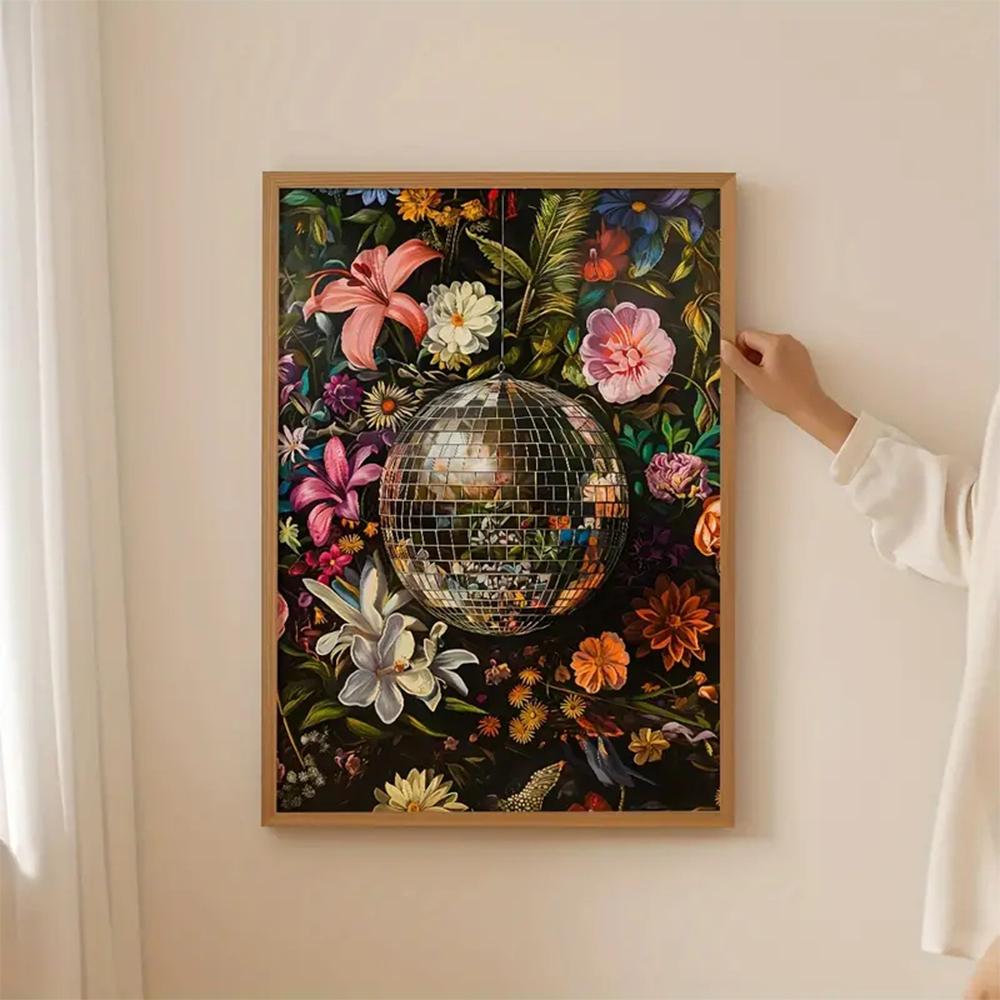 1PC Interior Disco Ball Flowers Posters and Prints Canvas Painting Vintage Mirror Ball Pictures for Bedroom Kitchen Home Decor