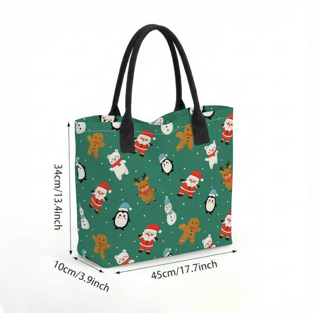  Christmas Print Canvas Tote Bag Cute Holiday Portable Shopping Handbag