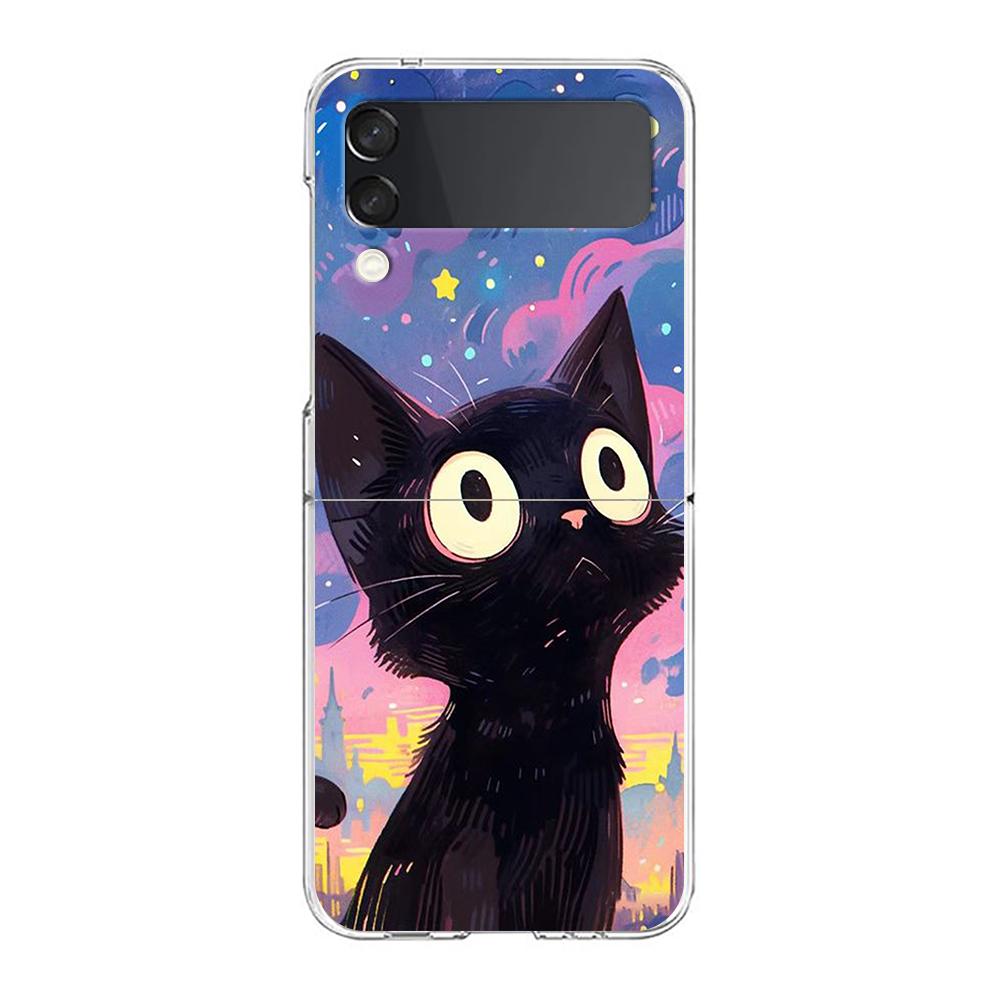 Artistic Black Cat Starry Night Phone Case For Samsung Galaxy Z Flip 3 4 5 Hard Folding Clear PC For Samsung Z Flip 6 Back Cover