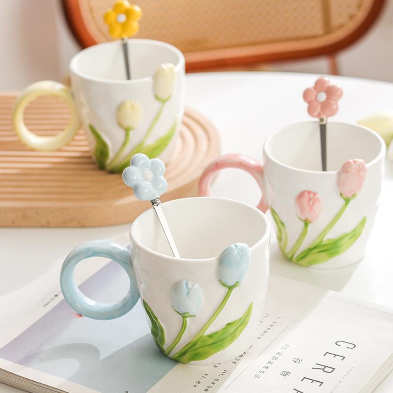 Ins High Value Tulip Mug Niche Design Sense Ceramic Cup for Girls Drinking Water Cup Coffee Cup for Home Use
