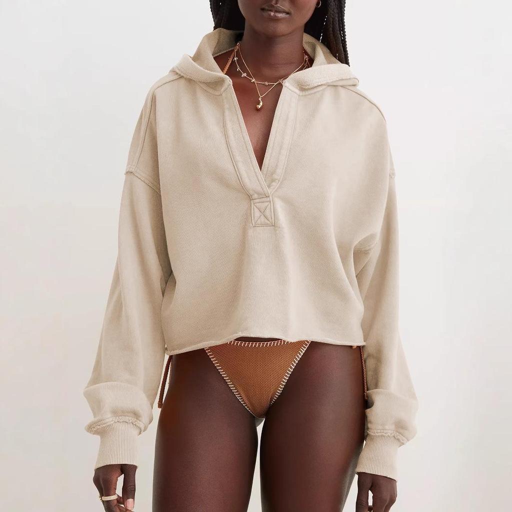 Women's Trendy V-Neck Hooded Sweatshirt - Loose Fit, Long-Sleeved for Spring and Autumn Fashion