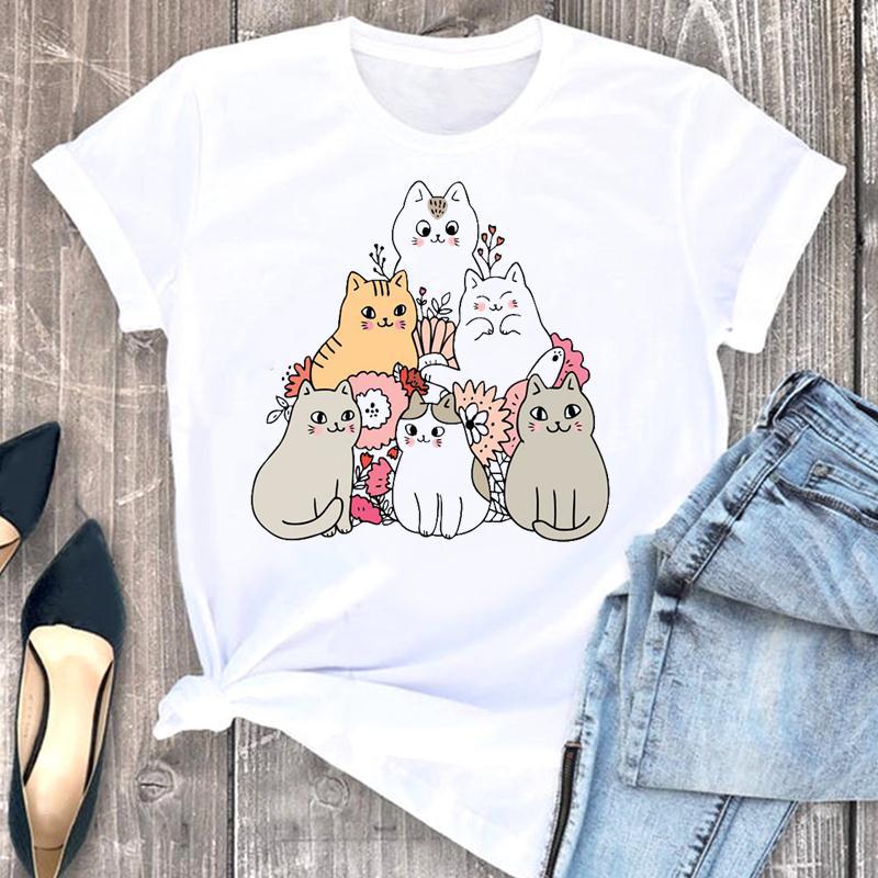 Casual Cats Blackjack Graphics Womans T-Shirt 90S Summer Shirts Short Sleeve O-Neck Blouses Female Crop Tops Clothing