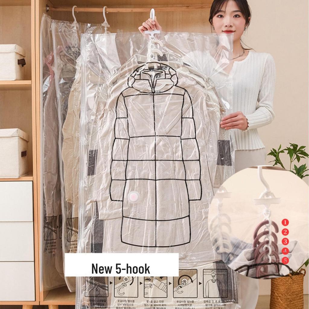 Extra Large Vacuum Storage Bag for Clothing with 5 Hooks