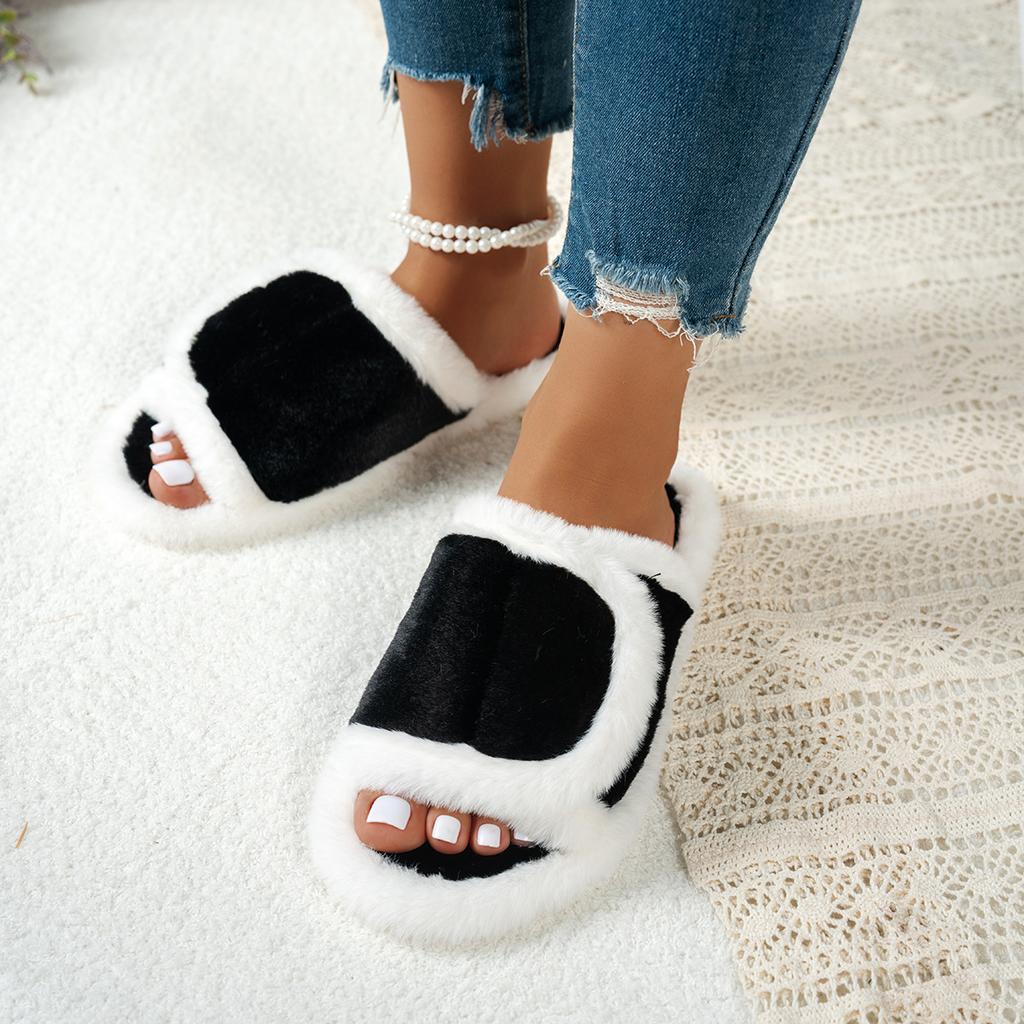 Fashion Winter Women House Slippers Comfortable Faux Fur Fashion Warm Shoes Women Slip on Flats Cozy Home Furry Slippers Slides Women
