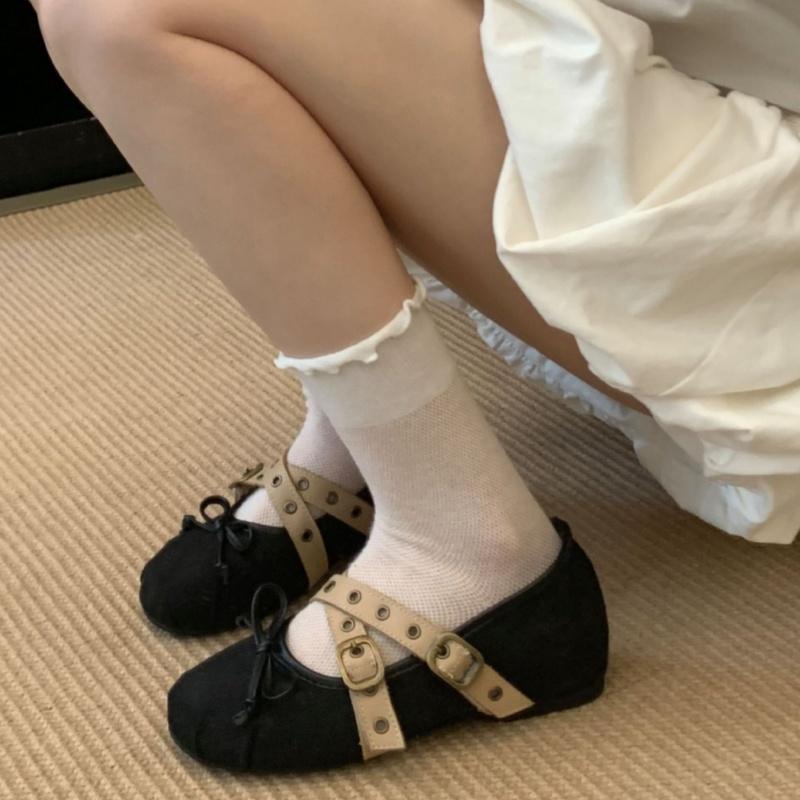 Fashion Women's Ballet Shoes 2025 High Quality Denim Mary Janes Fashion Bow Cross Tied Buckle Designer Flats Comfy Soft Sole Women Shoes
