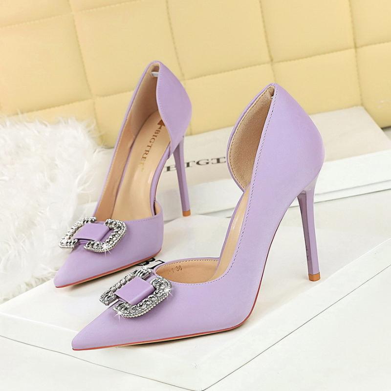 Side Empty Pointed Toe Shallow Mouth Women's Shoes Rhinestone Buckle Slim Heels High Heels Super High Heels Satin Single Shoes