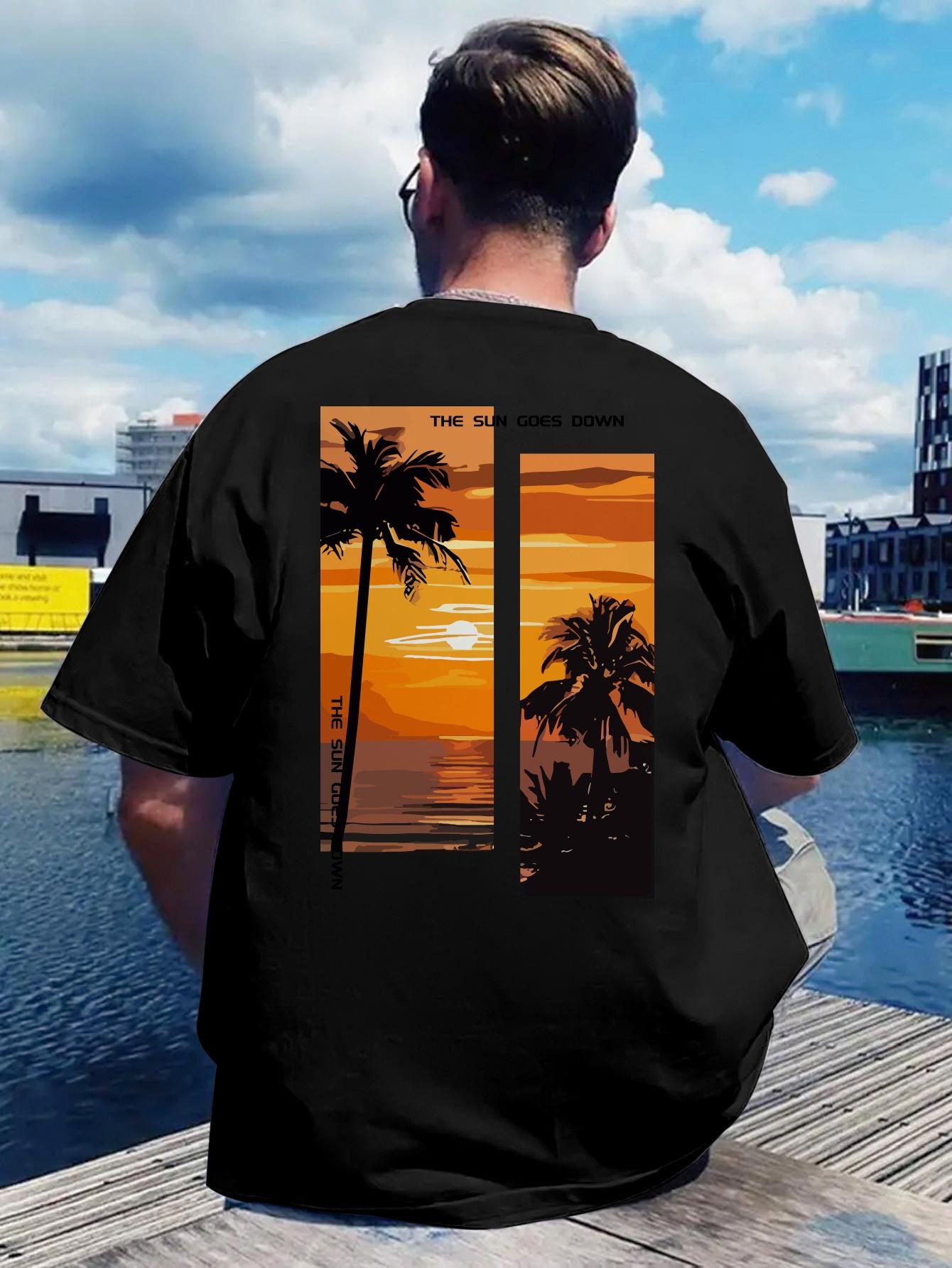 Tropical Beach Graphic T-shirt - White Shirt with Palm Tree Sunset Back Print XXXL