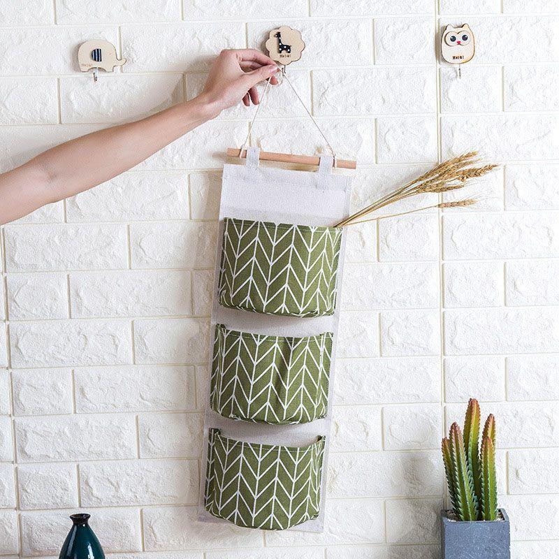 Elegant Space-saving Hanging Storage Bag With Durable Cotton Linen And 3 Pockets For Sundries