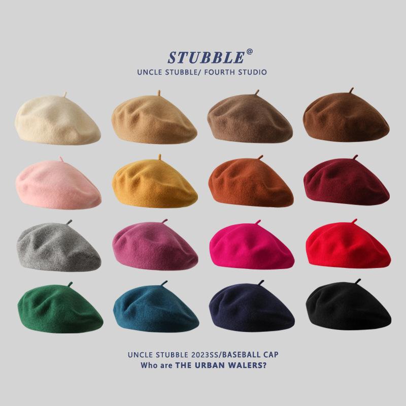 Autumn and Winter Wool Berets for Girls Artistic and Retro Versatile Painter Hats Solid Color Flower Bud Hats