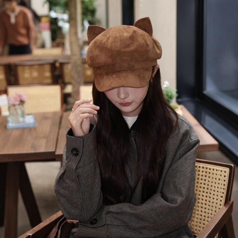 25 Early autumn new cat ear woolen solid color octagonal hat cute versatile high quality newsboy hat children's tide