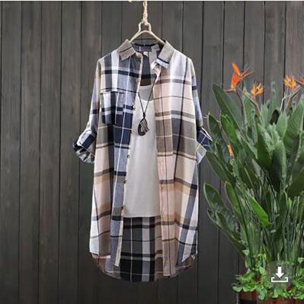 Damen Hemd mit Knöpfen Elegant Chic Damen Oberteil Kariert Vintage Leinen Langarm Chinesische Hemden Blusen Kleidung