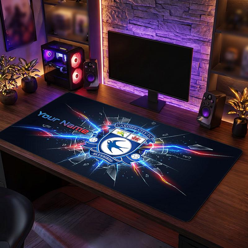 Cardiff City Custom Large Mouse Pad, Personalized Name Text Print, Football Logo Non‑Slip Desk Mat Gaming Gift
