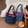 Denim Ruffled Shoulder Bag Women's Commuter Handbag with Red Belt Decoration