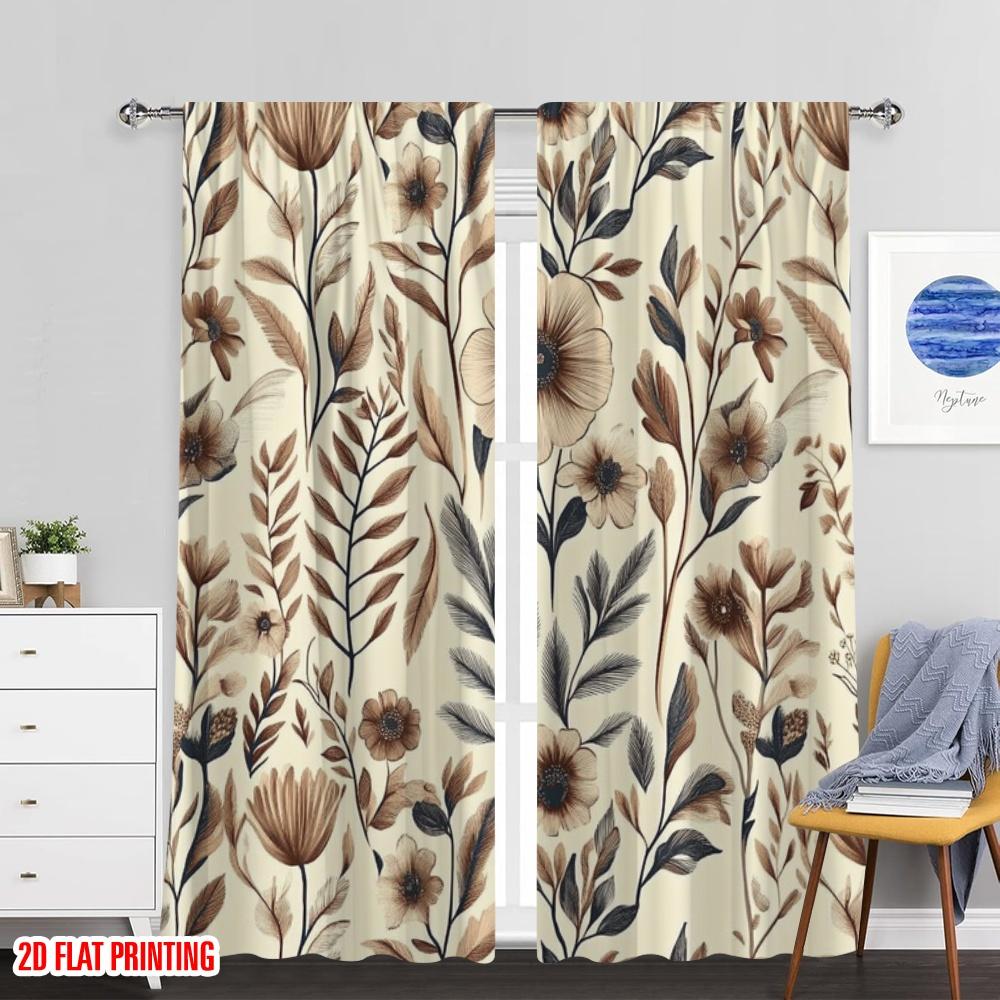Set Of 2 Boho Flat Printing Curtain Garden Nostalgia Branches Leaves Polyester Wall Decor Holiday Family Party Blackout Made