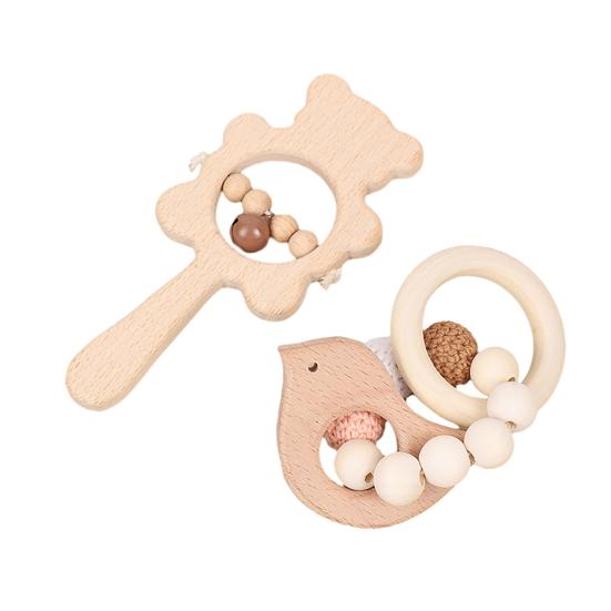 

1 Pair Wooden Baby Rattle Toy with Bell Beads Hedgehog Rabbit Elephant Bird Teething Grip Ring Toy Newborn Boys Girls Early Education Rattle Toy D