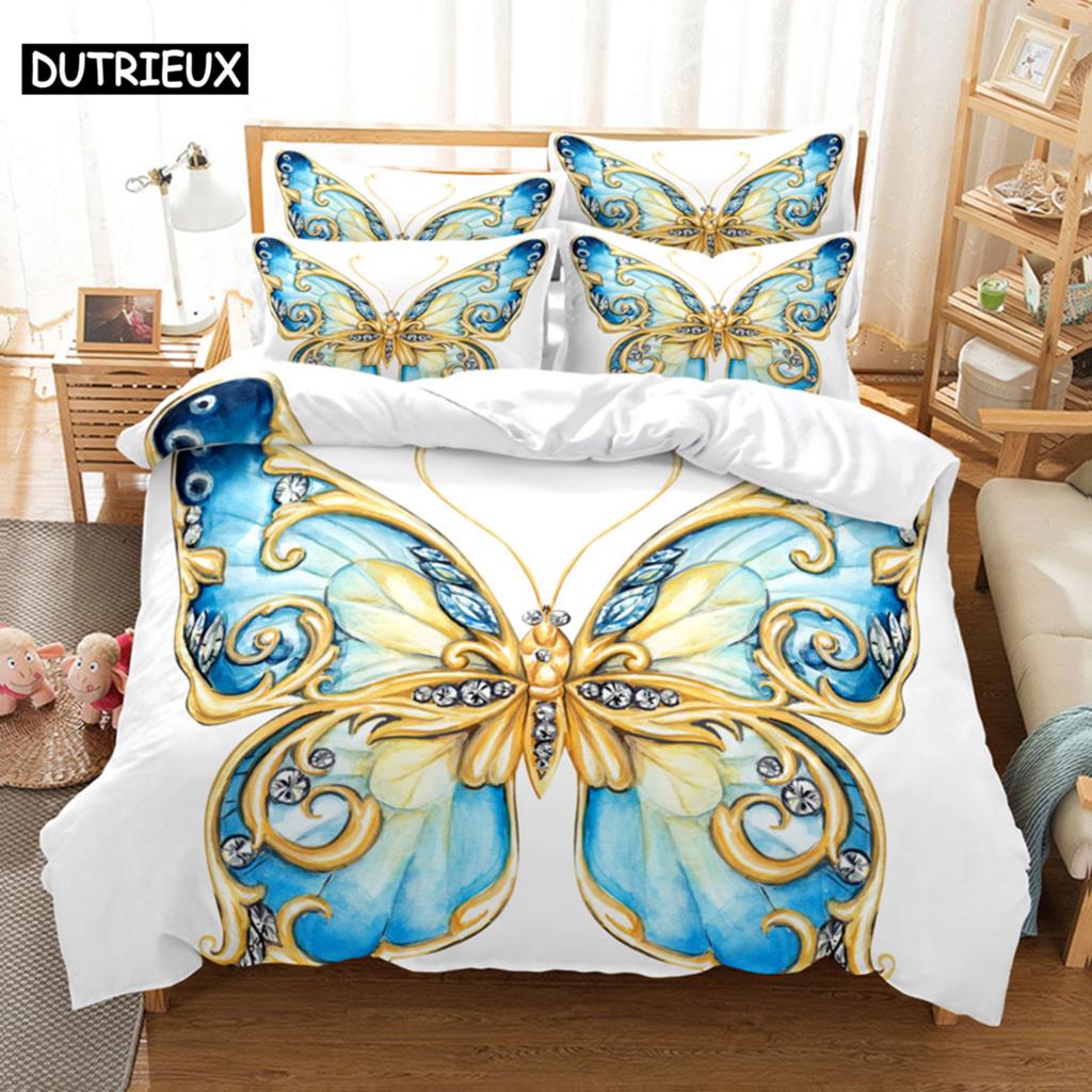 Blue Butterfly Duvet Cover Set King Size 220X240 Double Bed Single 3D Queen Bedding Sets Pink Full Twin Quilt Linen Pillowcase