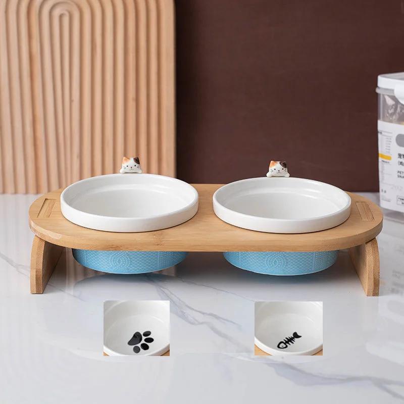 Cartoon Pets Double Bowl Dog Cat Food Water Feeder Stand Raised Ceramic Dish Bowl Wooden Table Pet Supplies Cat Bowls