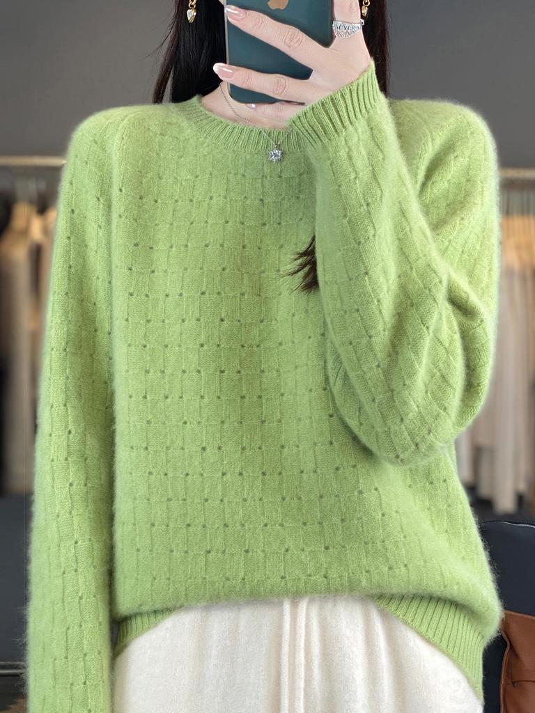 Women's Pure Wool Slimming Loose Fit Hollow Round Neck Sweater: Autumn/Winter Knit Pullover