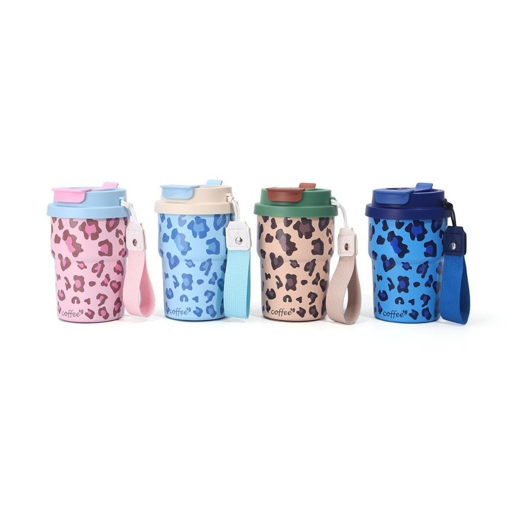 450ml Thermal Water Bottle Leopard Print Leak-Proof Portable Insulated Cup Stainless Steel Large Caliber Straw Thermos Cup
