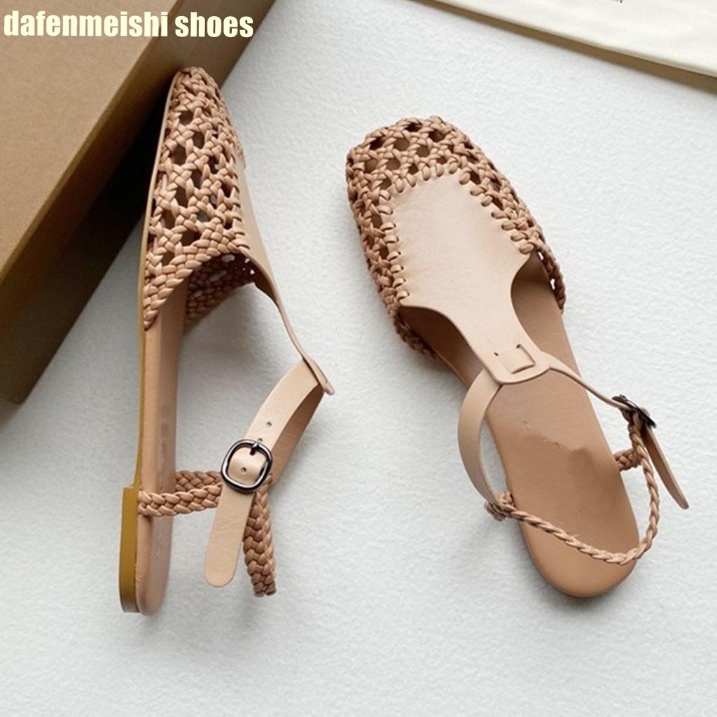 Fashion Flat Genuine Leather Woven Sandals Women's Hemp Rope Square Toe Summer Roman Shoes Singback Solid Color Fashion Shoes