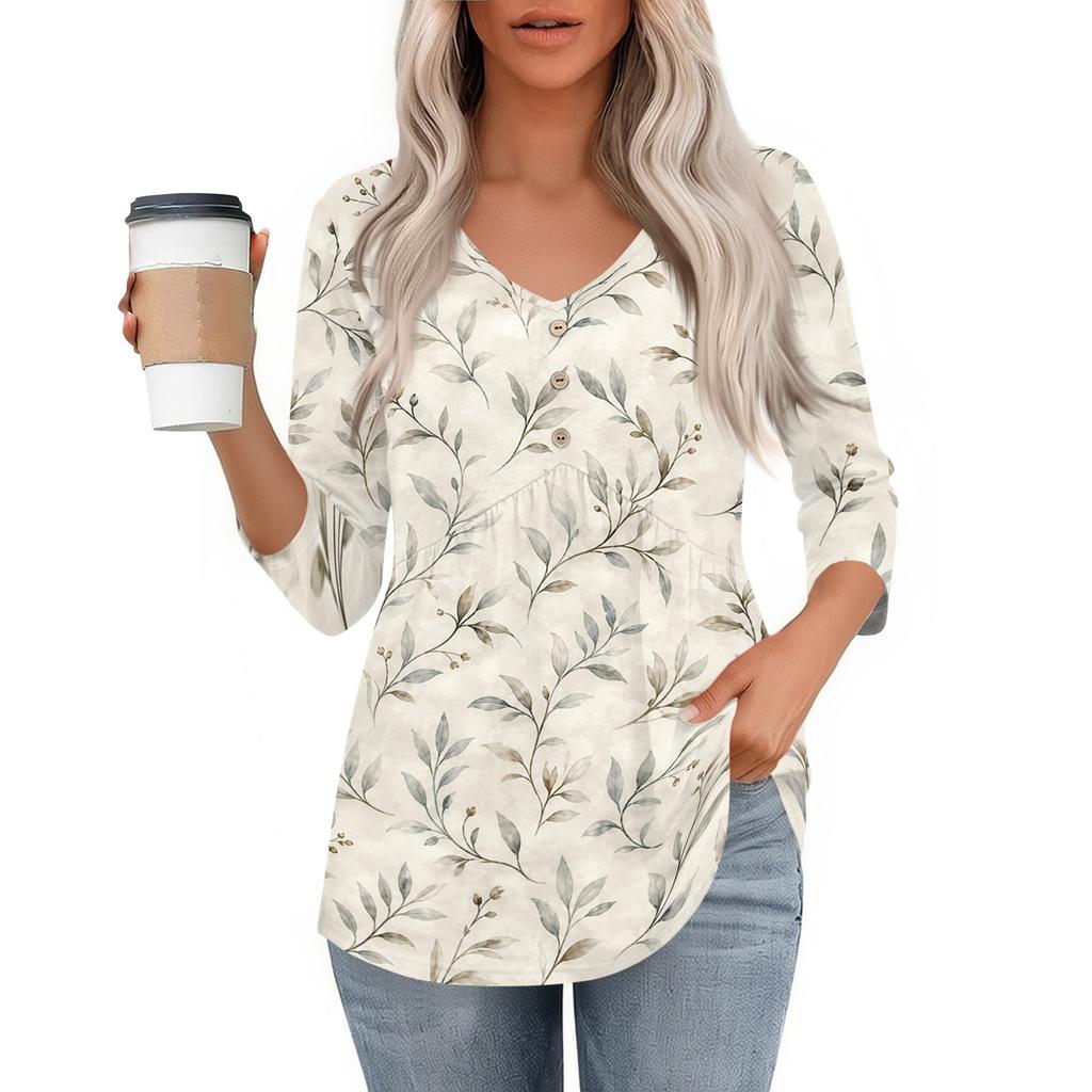 Womens 3/4 Sleeve V Neck Button Detail Floral Print Tunic Top Casual Lightweight Blouse for Daily Wear